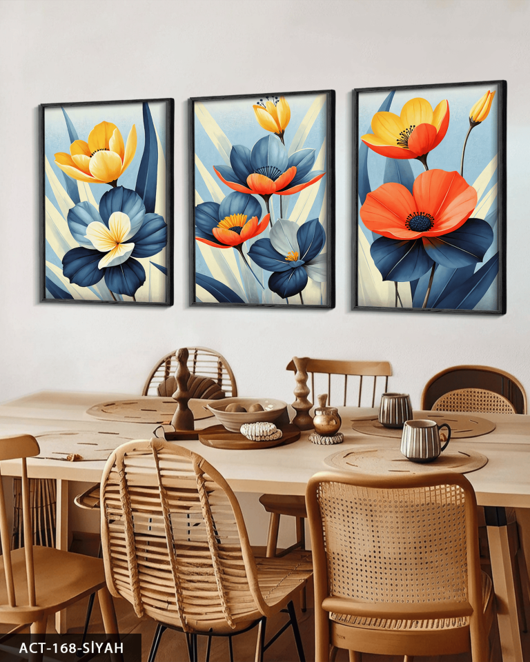 Renkli Çiçekler Temalı 3 Parça Ahşap Çerçeveli Tablo ACT Siyah - 40 x 60 CM