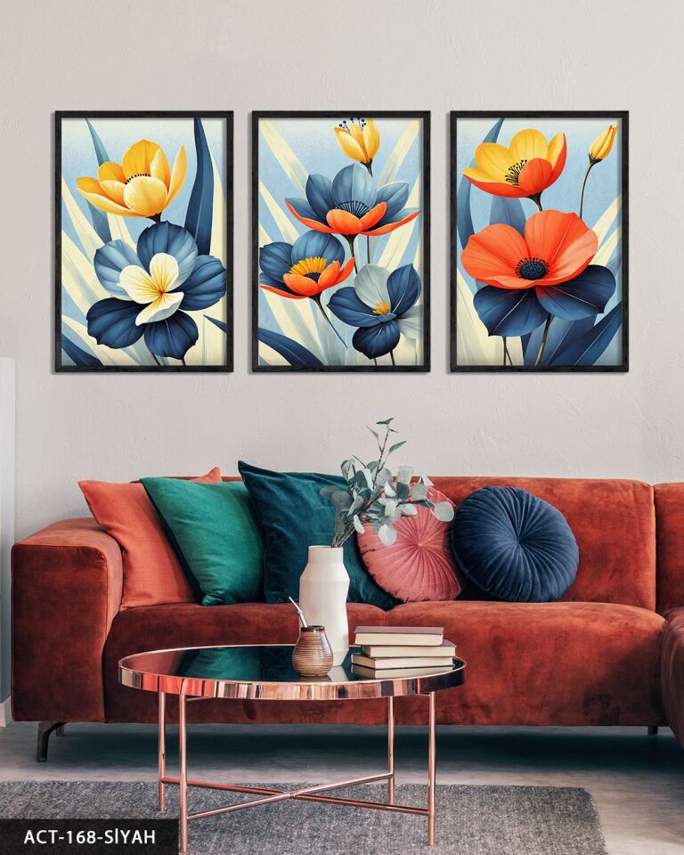Renkli Çiçekler Temalı 3 Parça Ahşap Çerçeveli Tablo ACT Siyah - 40 x 60 CM