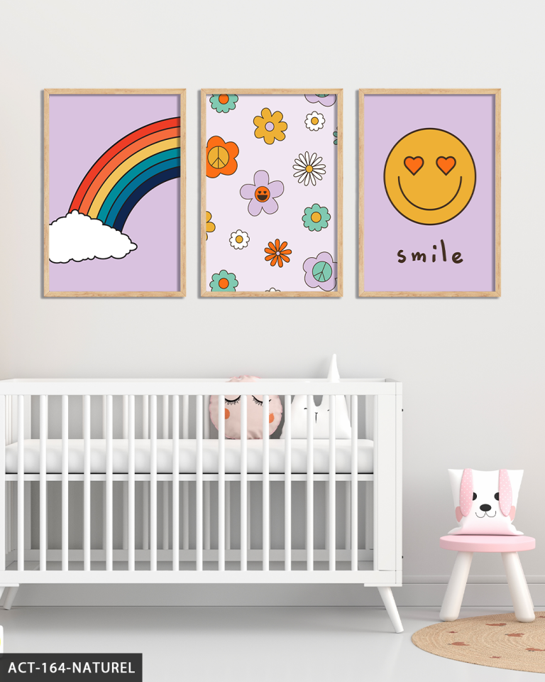 Gökkuşağı ve Gülenyüz 3 Parça Ahşap Çerçeveli Tablo ACT Naturel - 50 x 70 CM