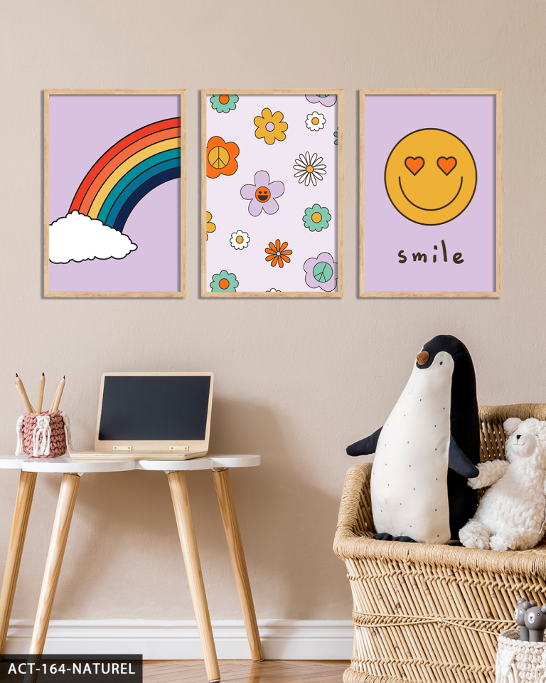 Gökkuşağı ve Gülenyüz 3 Parça Ahşap Çerçeveli Tablo ACT Naturel - 50 x 70 CM