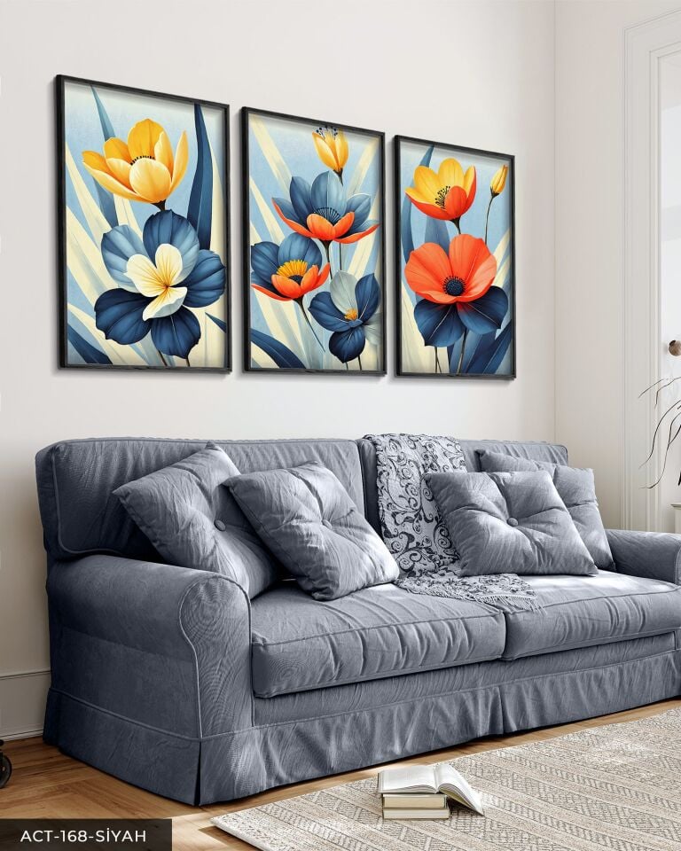 Renkli Çiçekler Temalı 3 Parça Ahşap Çerçeveli Tablo ACT Siyah - 50 x 70 CM