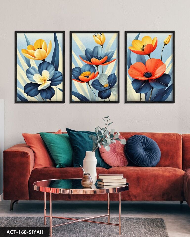Renkli Çiçekler Temalı 3 Parça Ahşap Çerçeveli Tablo ACT Siyah - 50 x 70 CM