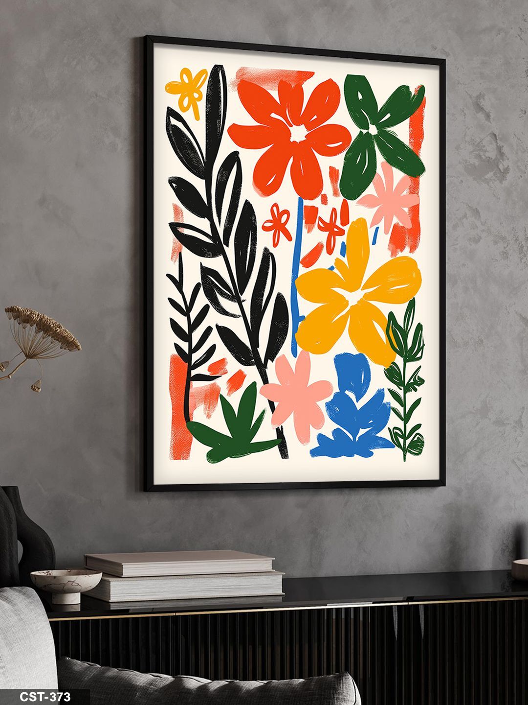 Çizilmiş Çiçekler Tek Parça Ahşap Çerçeveli Tablo Siyah - 40 x 60 CM