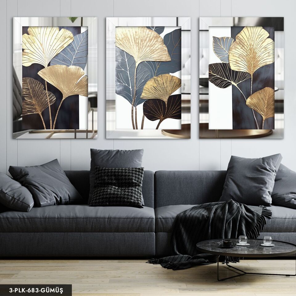 Gri ve Gold Yapraklar 3 Parça Pleksi Aynalı Tablo 30 x 40 CM - Gümüş