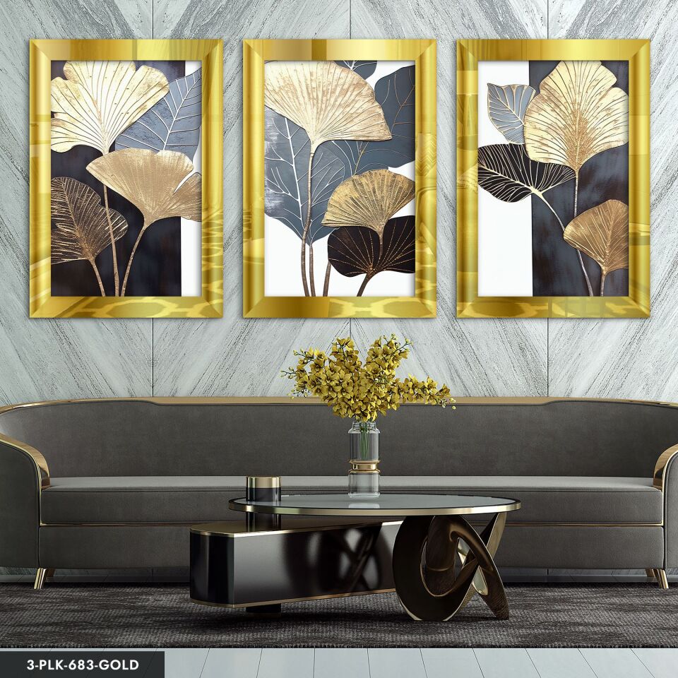 Gri ve Gold Yapraklar 3 Parça Pleksi Aynalı Tablo 30 x 40 CM - Gold