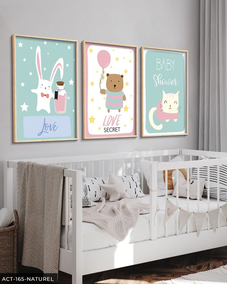 Hayvan Temalı Çocuk Odası 3 Parça Ahşap Çerçeveli Tablo ACT Naturel - 50 x 70 CM