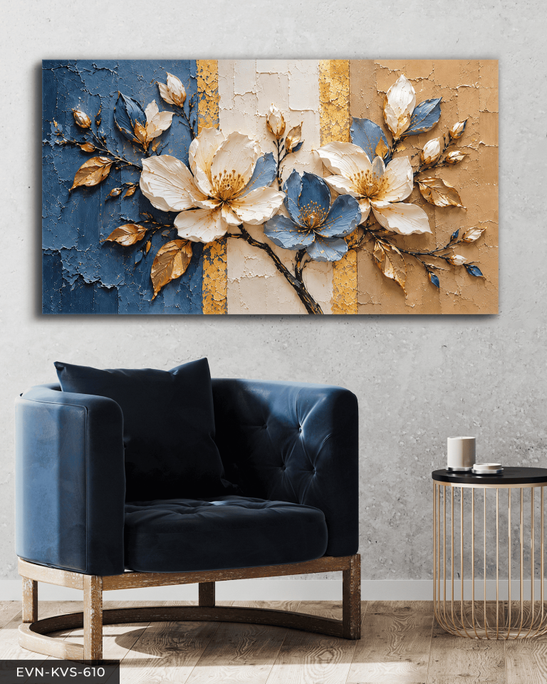 Dokulu Görünüm Beyaz Mavi Çiçek Tek Parça Kanvas - Canvas Tablo