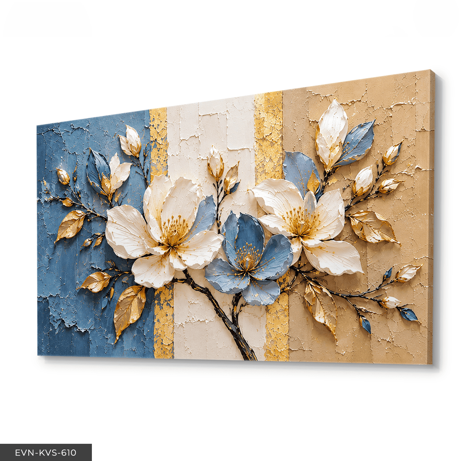 Dokulu Görünüm Beyaz Mavi Çiçek Tek Parça Kanvas - Canvas Tablo