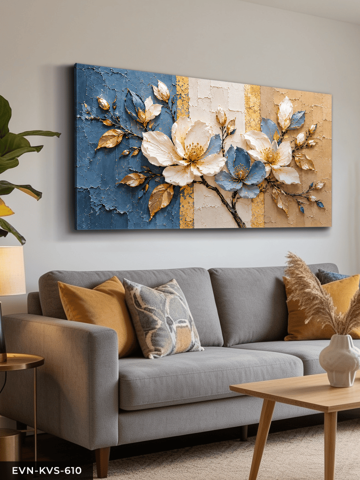 Dokulu Görünüm Beyaz Mavi Çiçek Tek Parça Kanvas - Canvas Tablo