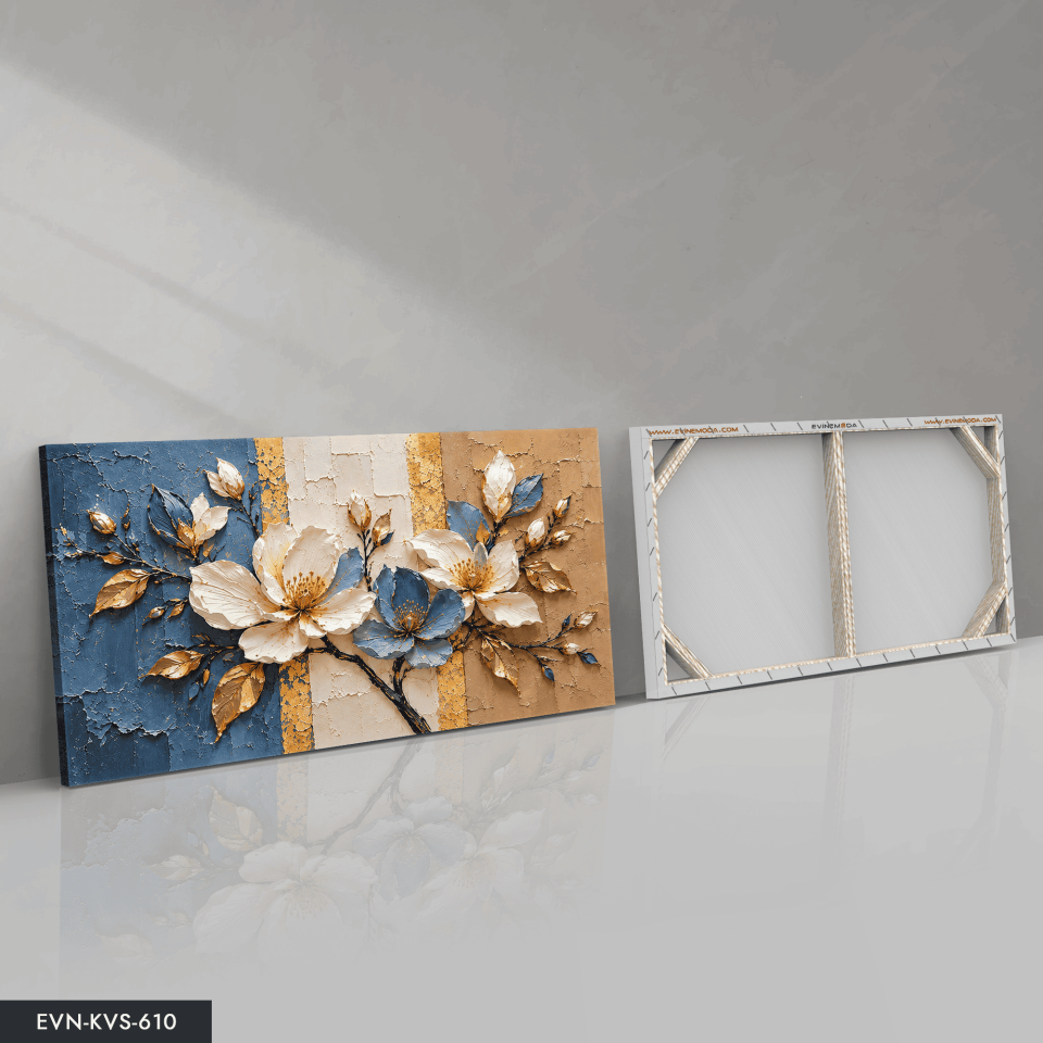 Dokulu Görünüm Beyaz Mavi Çiçek Tek Parça Kanvas - Canvas Tablo
