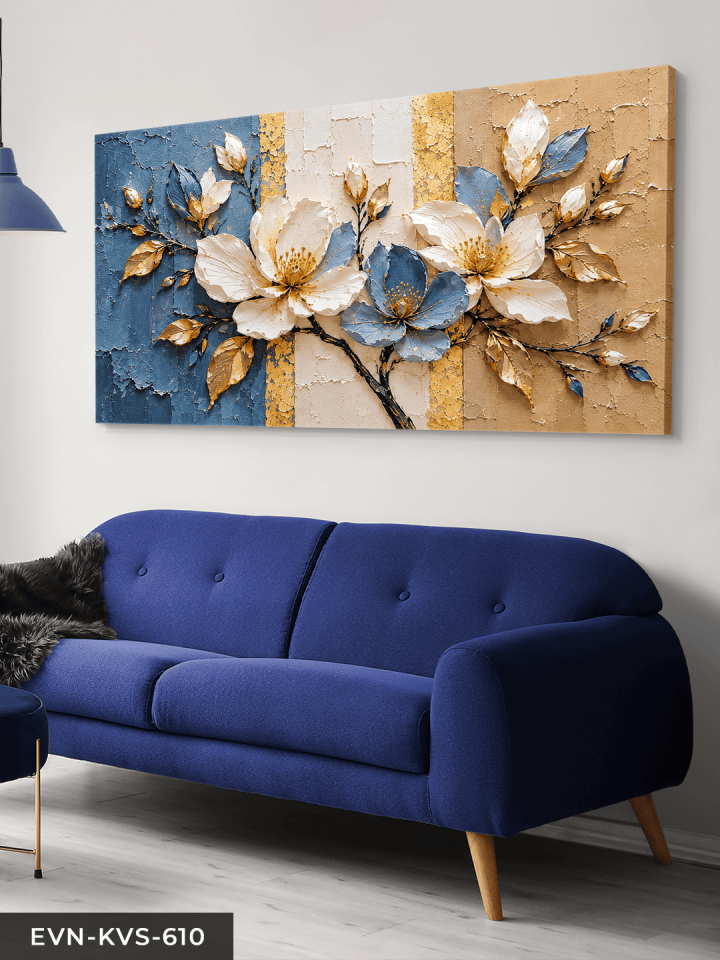 Dokulu Görünüm Beyaz Mavi Çiçek Tek Parça Kanvas - Canvas Tablo