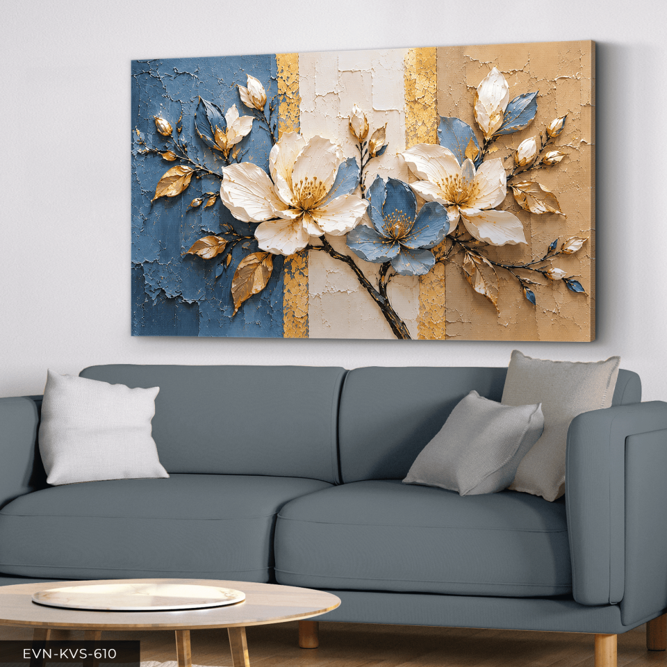 Dokulu Görünüm Beyaz Mavi Çiçek Tek Parça Kanvas - Canvas Tablo