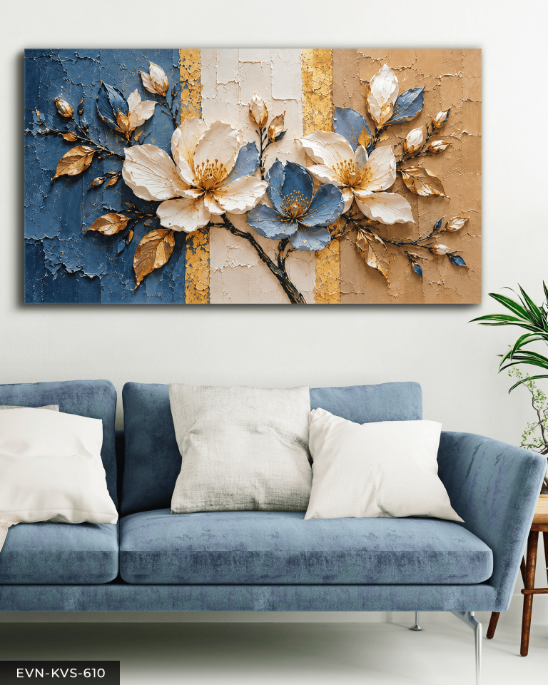 Dokulu Görünüm Beyaz Mavi Çiçek Tek Parça Kanvas - Canvas Tablo