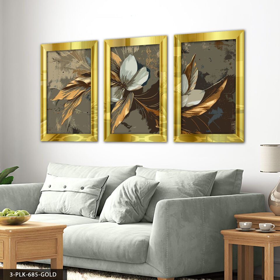 Yağlı Boya Görünümlü Gold Yapraklı Çiçek 3 Parça Pleksi Aynalı Tablo 30 x 40 CM - Gold
