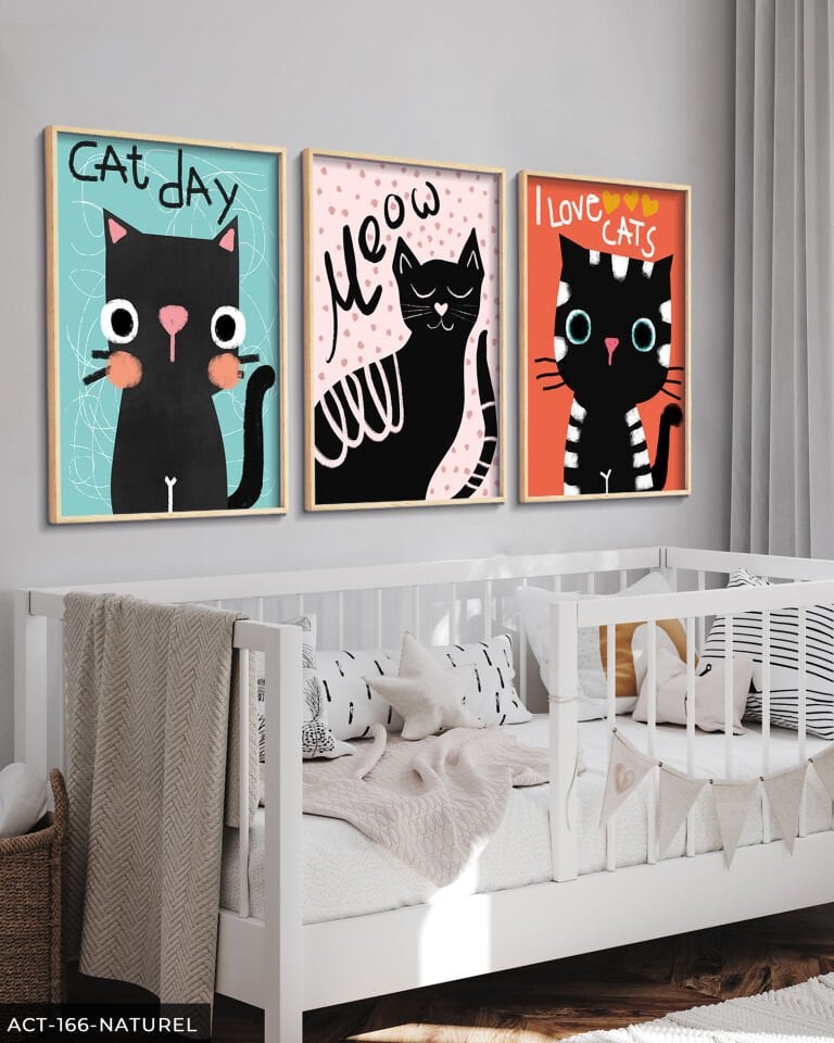 Sevimli Kara Kediler 3 Parça Ahşap Çerçeveli Tablo ACT Naturel - 50 x 70 CM