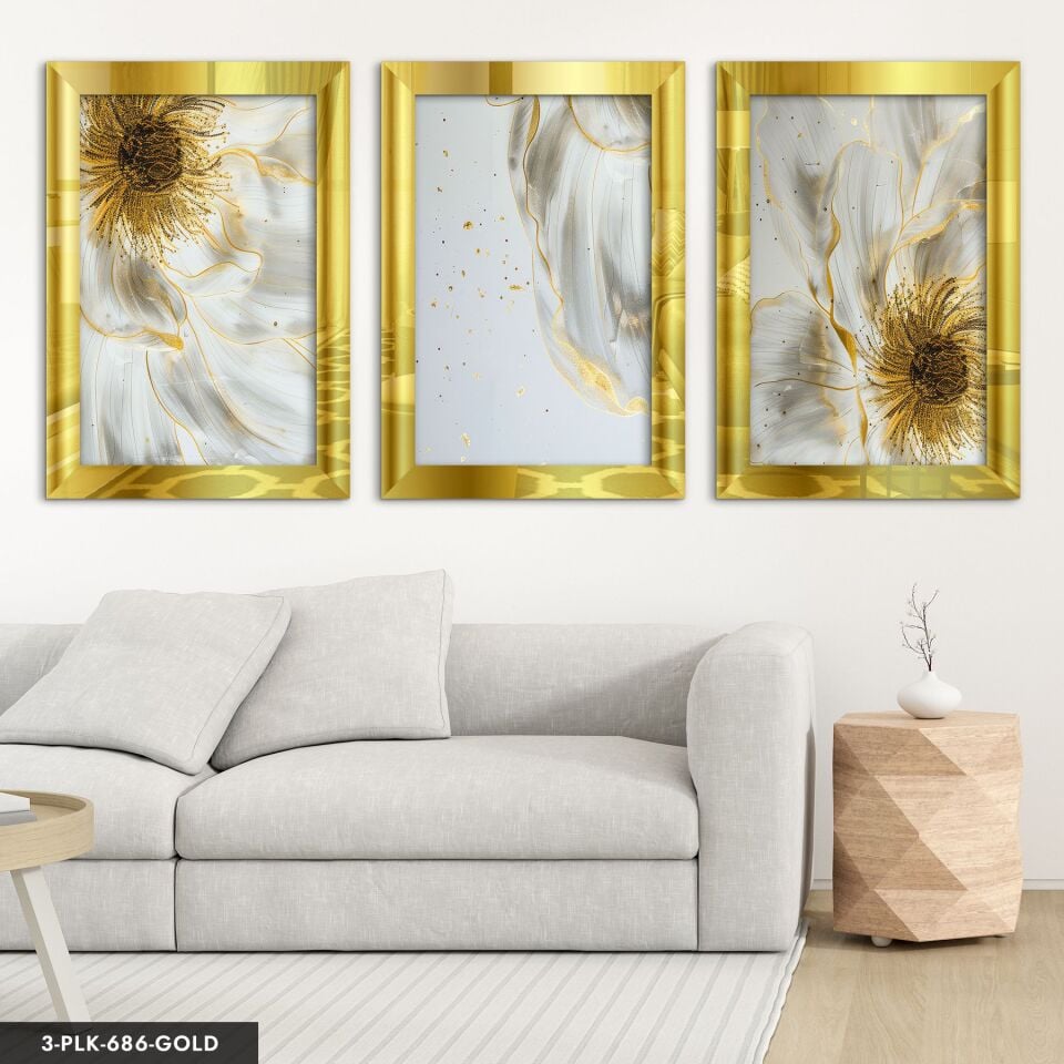 Gold Detaylı Beyaz Çiçek 3 Parça Pleksi Aynalı Tablo 30 x 40 CM - Gold