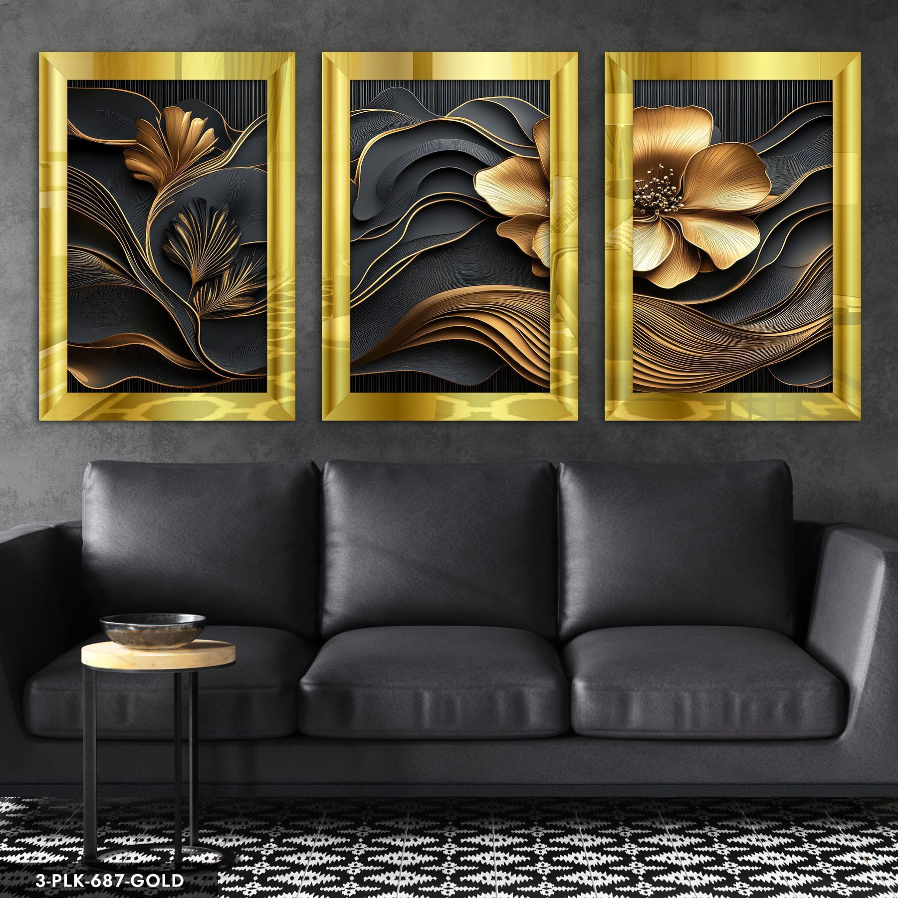 Gold Çiçek 3 Parça Pleksi Aynalı Tablo 30 x 40 CM - Gold