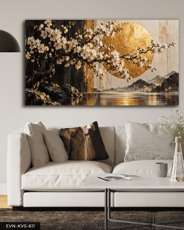 Beyaz Çiçekler ve Gold Günbatımı Tek Parça Kanvas - Canvas Tablo