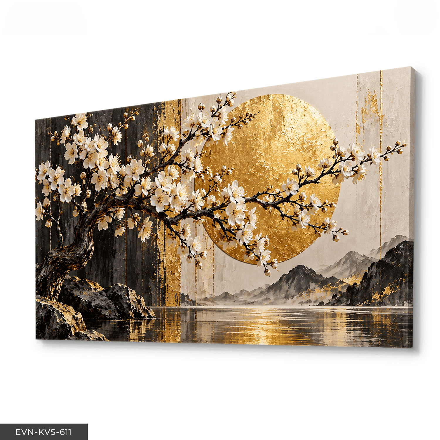 Beyaz Çiçekler ve Gold Günbatımı Tek Parça Kanvas - Canvas Tablo