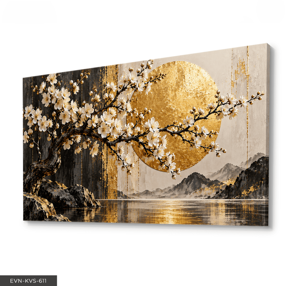 Beyaz Çiçekler ve Gold Günbatımı Tek Parça Kanvas - Canvas Tablo