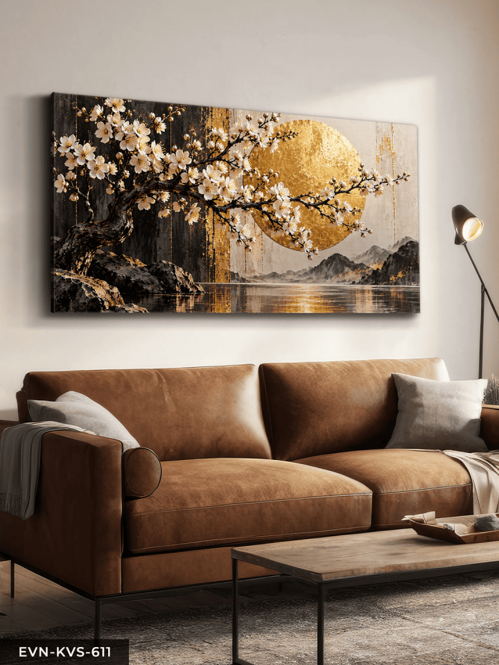 Beyaz Çiçekler ve Gold Günbatımı Tek Parça Kanvas - Canvas Tablo