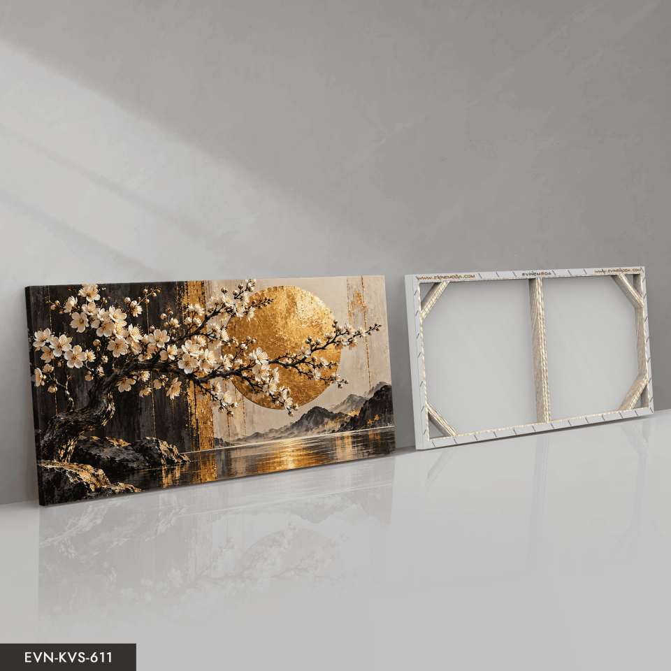 Beyaz Çiçekler ve Gold Günbatımı Tek Parça Kanvas - Canvas Tablo