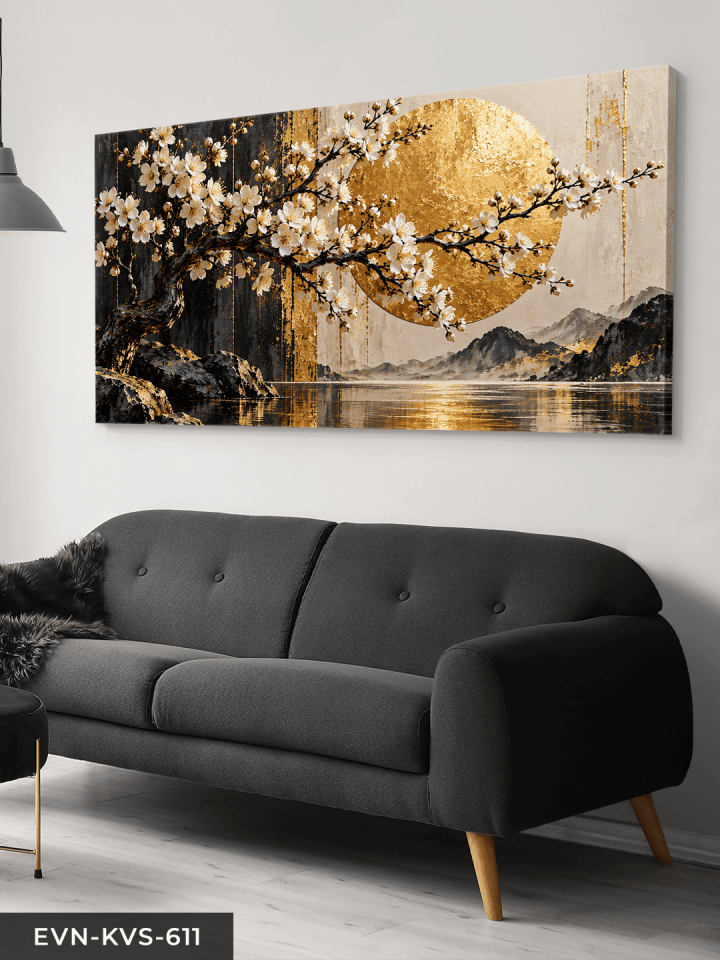 Beyaz Çiçekler ve Gold Günbatımı Tek Parça Kanvas - Canvas Tablo