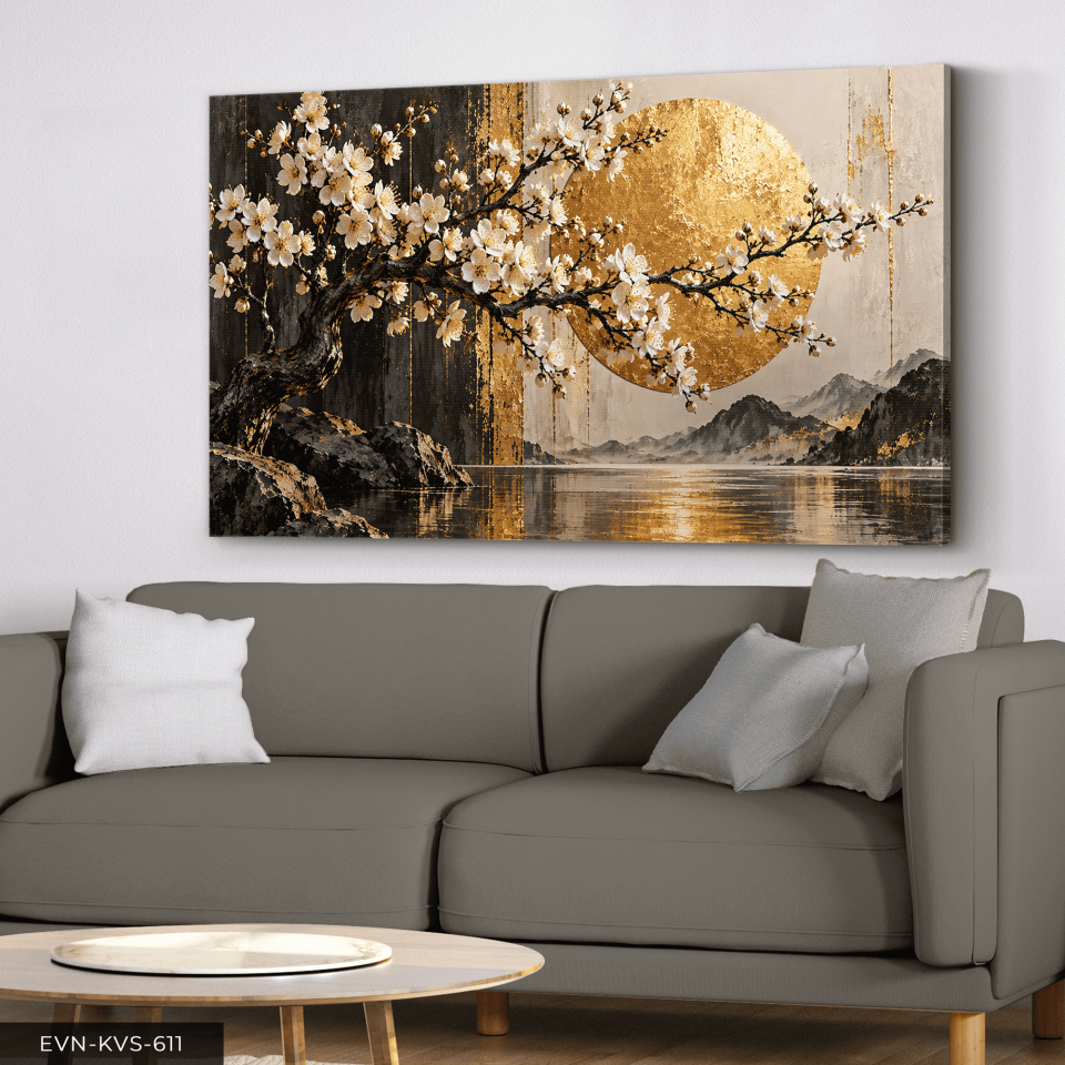 Beyaz Çiçekler ve Gold Günbatımı Tek Parça Kanvas - Canvas Tablo