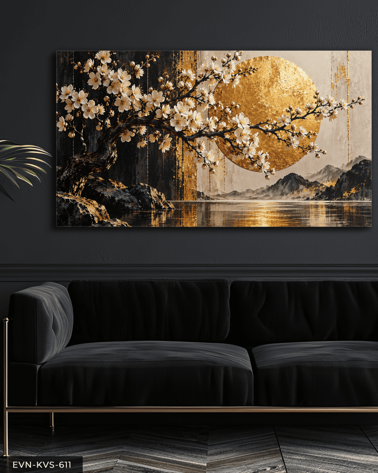 Beyaz Çiçekler ve Gold Günbatımı Tek Parça Kanvas - Canvas Tablo