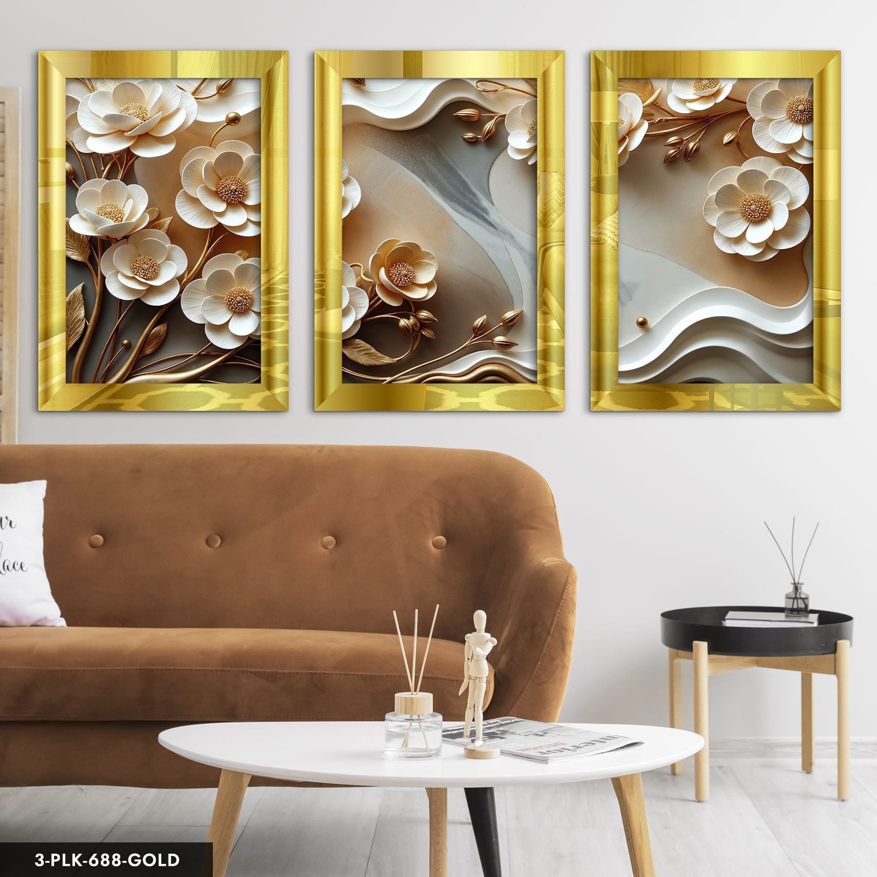 Gold Yapraklı Zarif Beyaz Çiçekler 3 Parça Pleksi Aynalı Tablo 30 x 40 CM - Gold