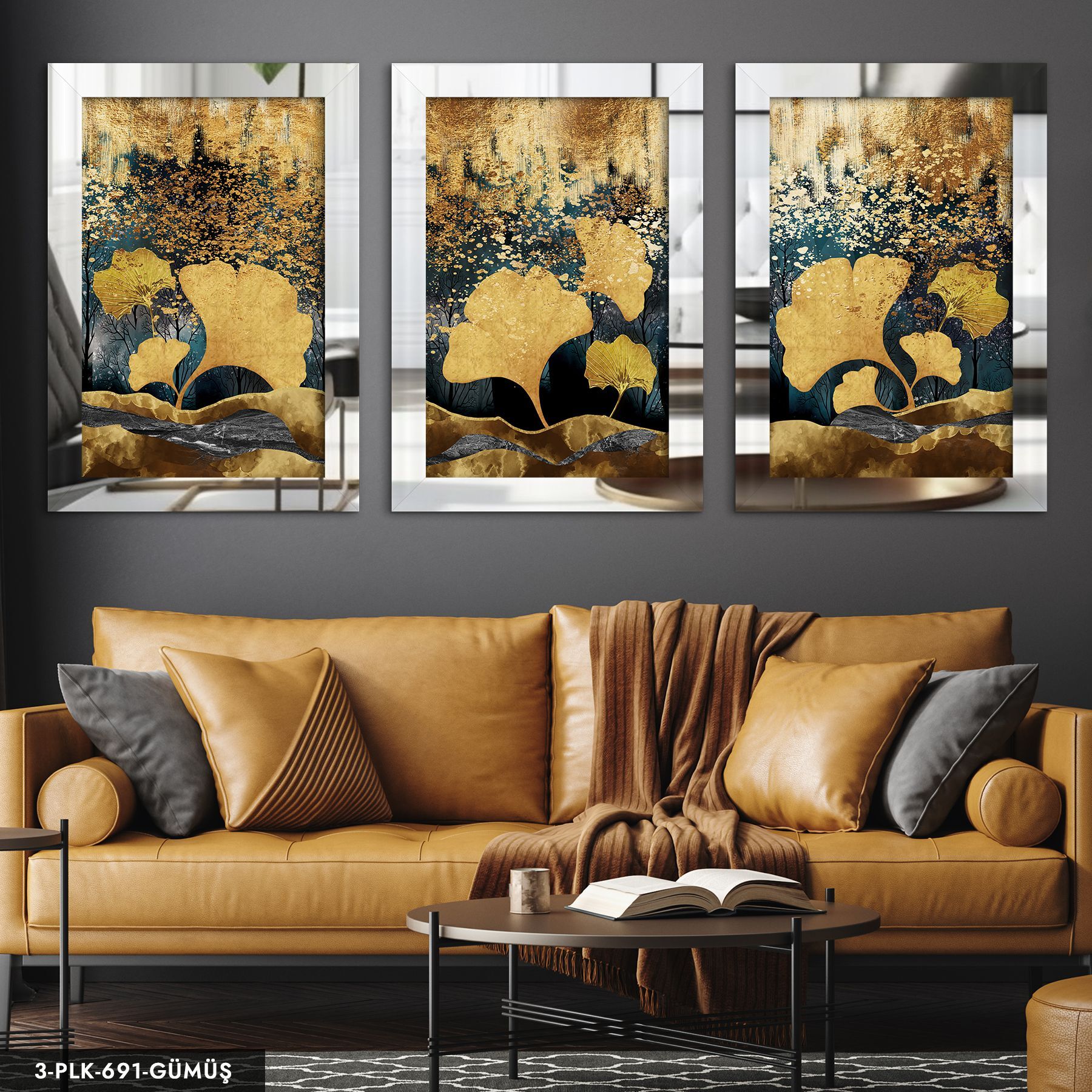 Gold Yapraklar 3 Parça Pleksi Aynalı Tablo 30 x 40 CM - Gümüş