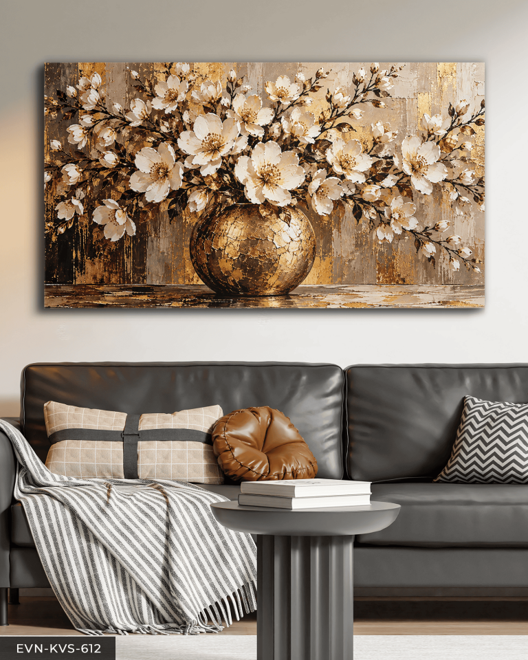 Gold Vazoda Beyaz Çiçekler Tek Parça Kanvas - Canvas Tablo