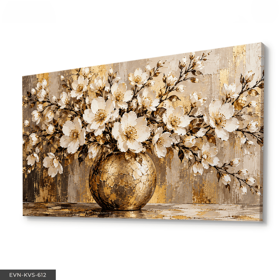 Gold Vazoda Beyaz Çiçekler Tek Parça Kanvas - Canvas Tablo
