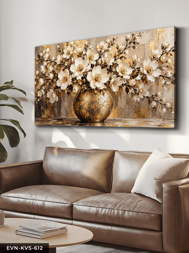 Gold Vazoda Beyaz Çiçekler Tek Parça Kanvas - Canvas Tablo