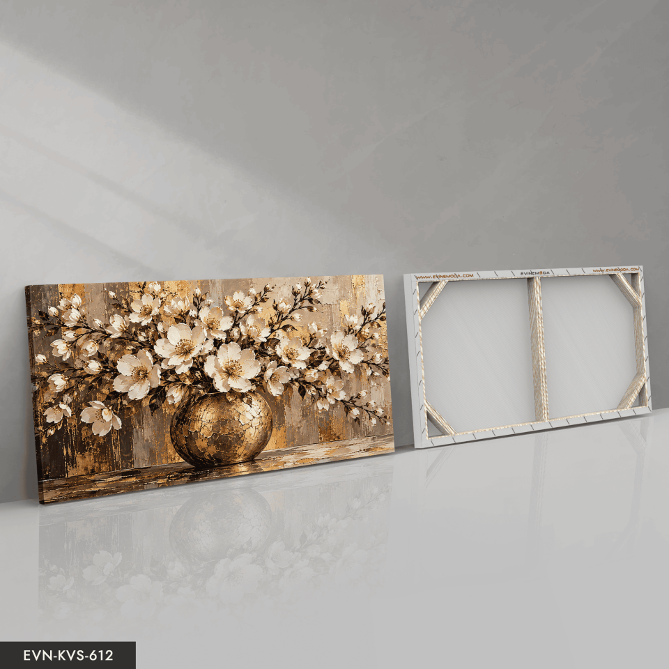 Gold Vazoda Beyaz Çiçekler Tek Parça Kanvas - Canvas Tablo