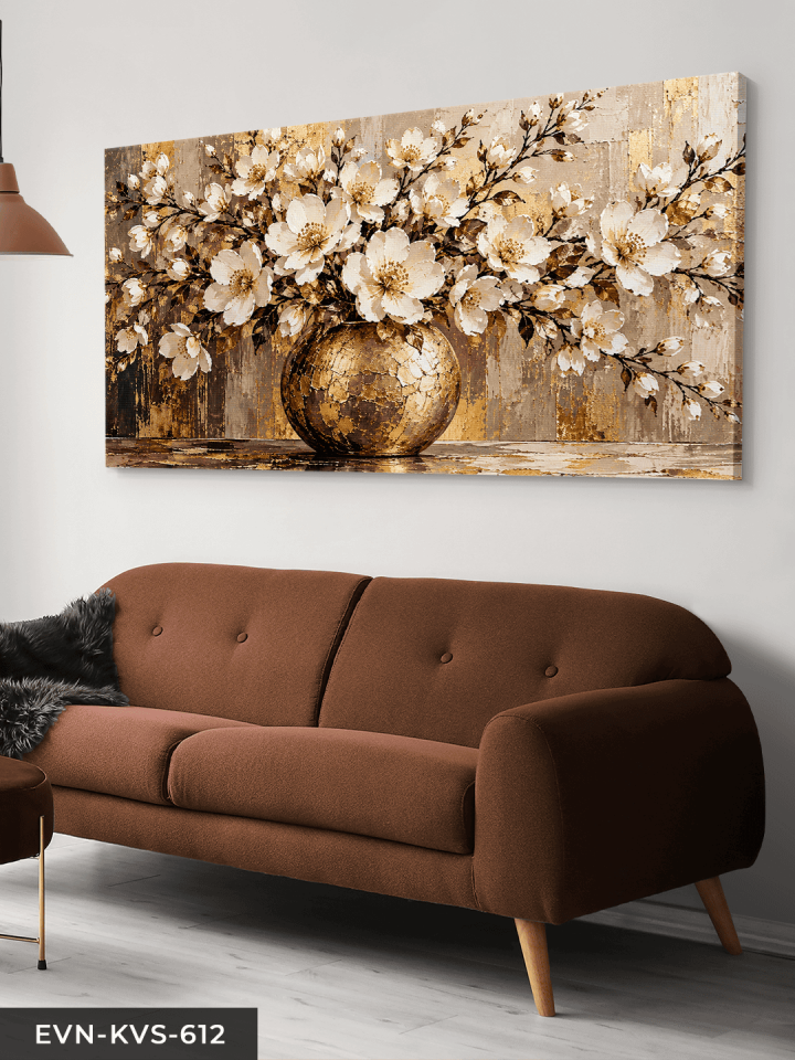 Gold Vazoda Beyaz Çiçekler Tek Parça Kanvas - Canvas Tablo