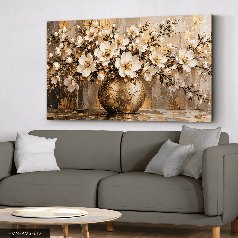 Gold Vazoda Beyaz Çiçekler Tek Parça Kanvas - Canvas Tablo