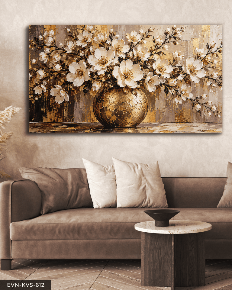 Gold Vazoda Beyaz Çiçekler Tek Parça Kanvas - Canvas Tablo
