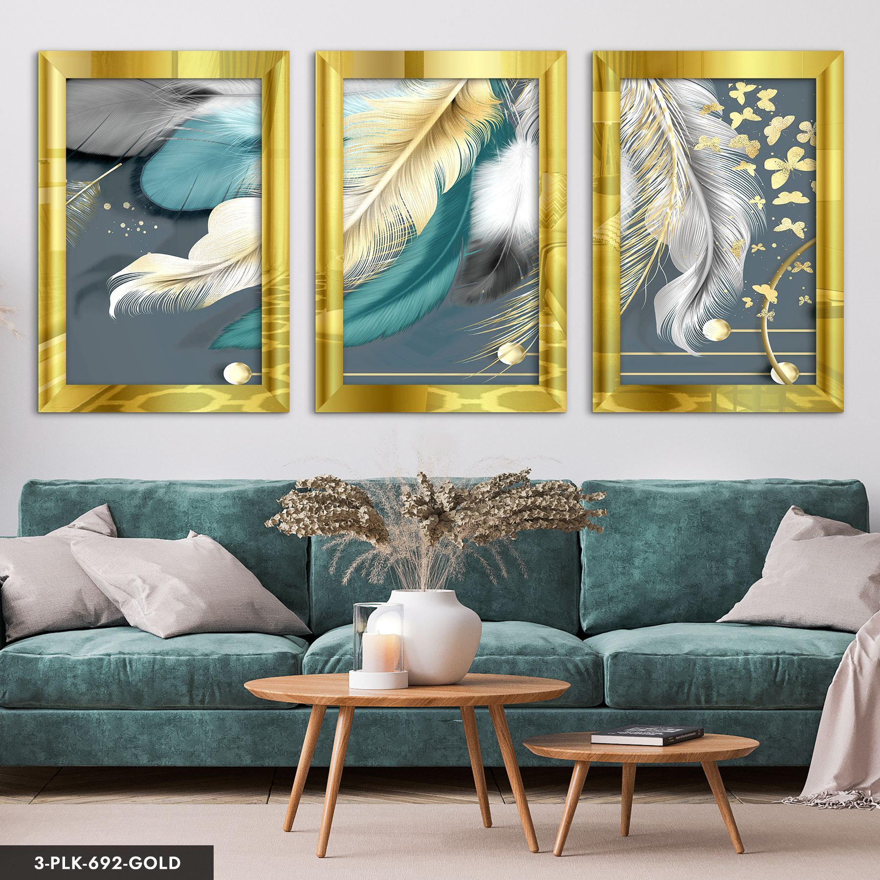 Kelebek ve Renkli Tüyler 3 Parça Pleksi Aynalı Tablo 30 x 40 CM - Gold