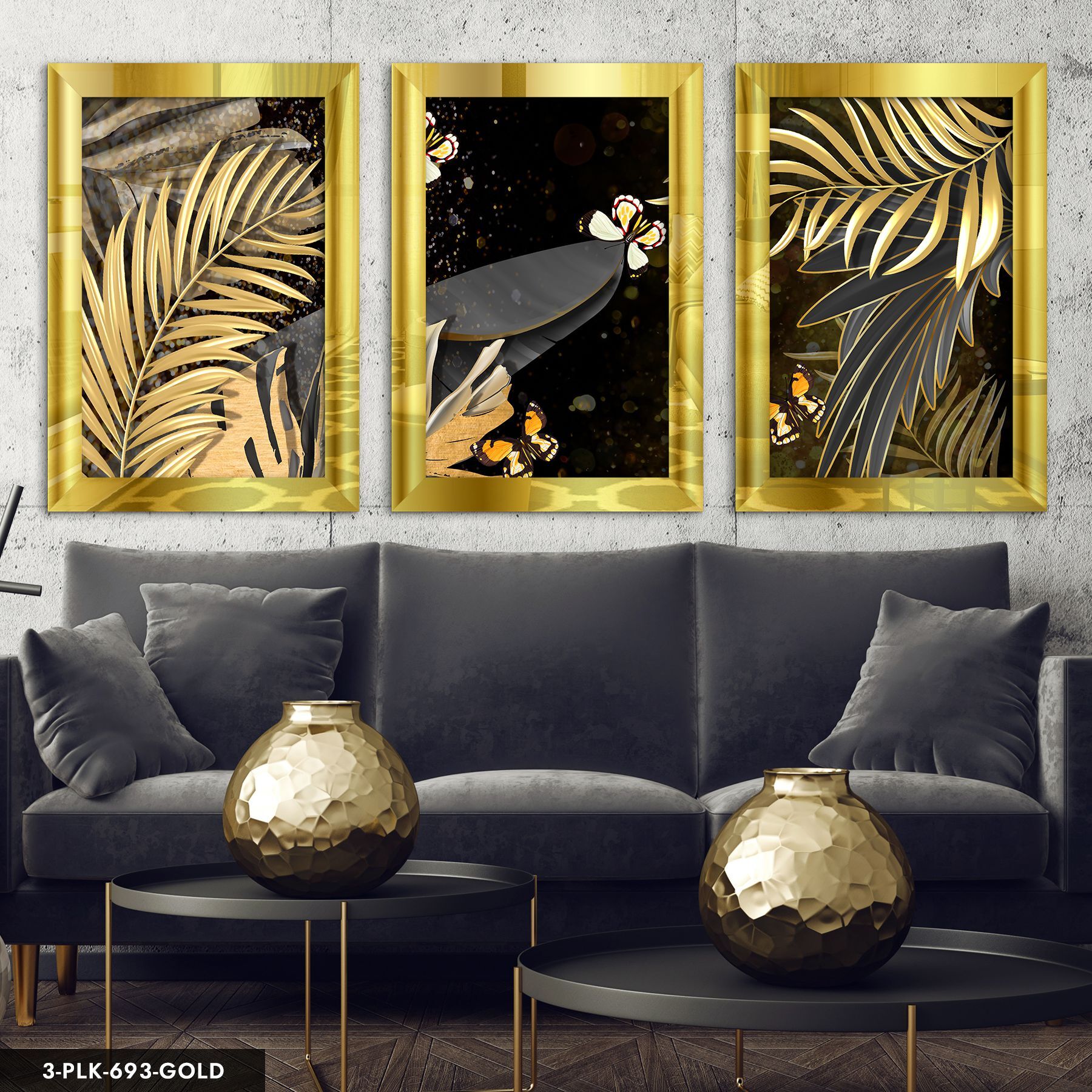 Gold Yaprak ve Kelebek 3 Parça Pleksi Aynalı Tablo 30 x 40 CM - Gold