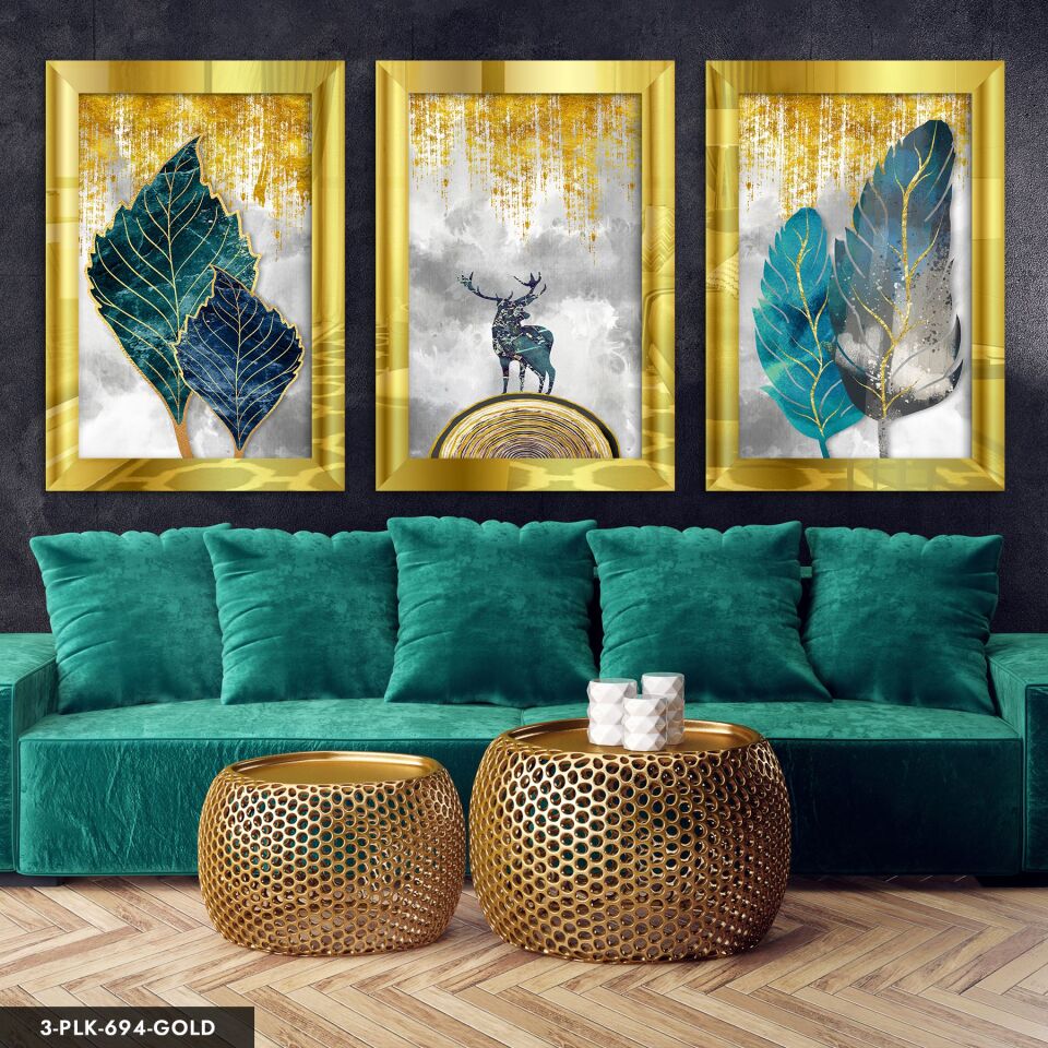 Geyik ve Renkli Yapraklar 3 Parça Pleksi Aynalı Tablo 30 x 40 CM - Gold