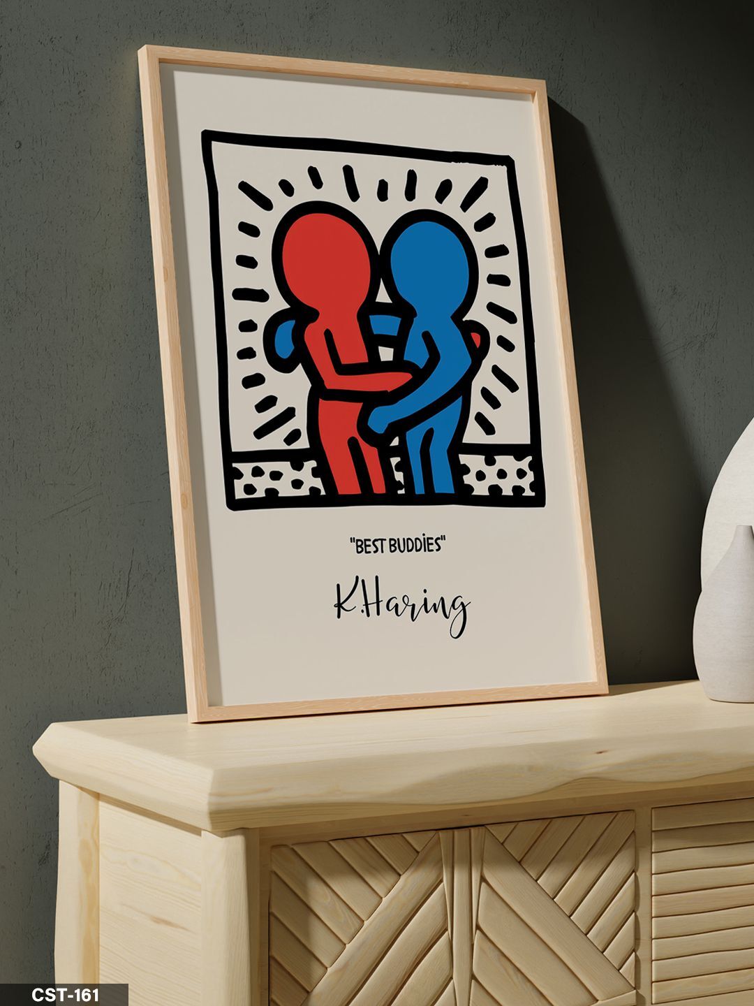 Keith Haring Best Buddies Tek Parça Ahşap Çerçeveli Tablo Naturel - 50 x 70 CM