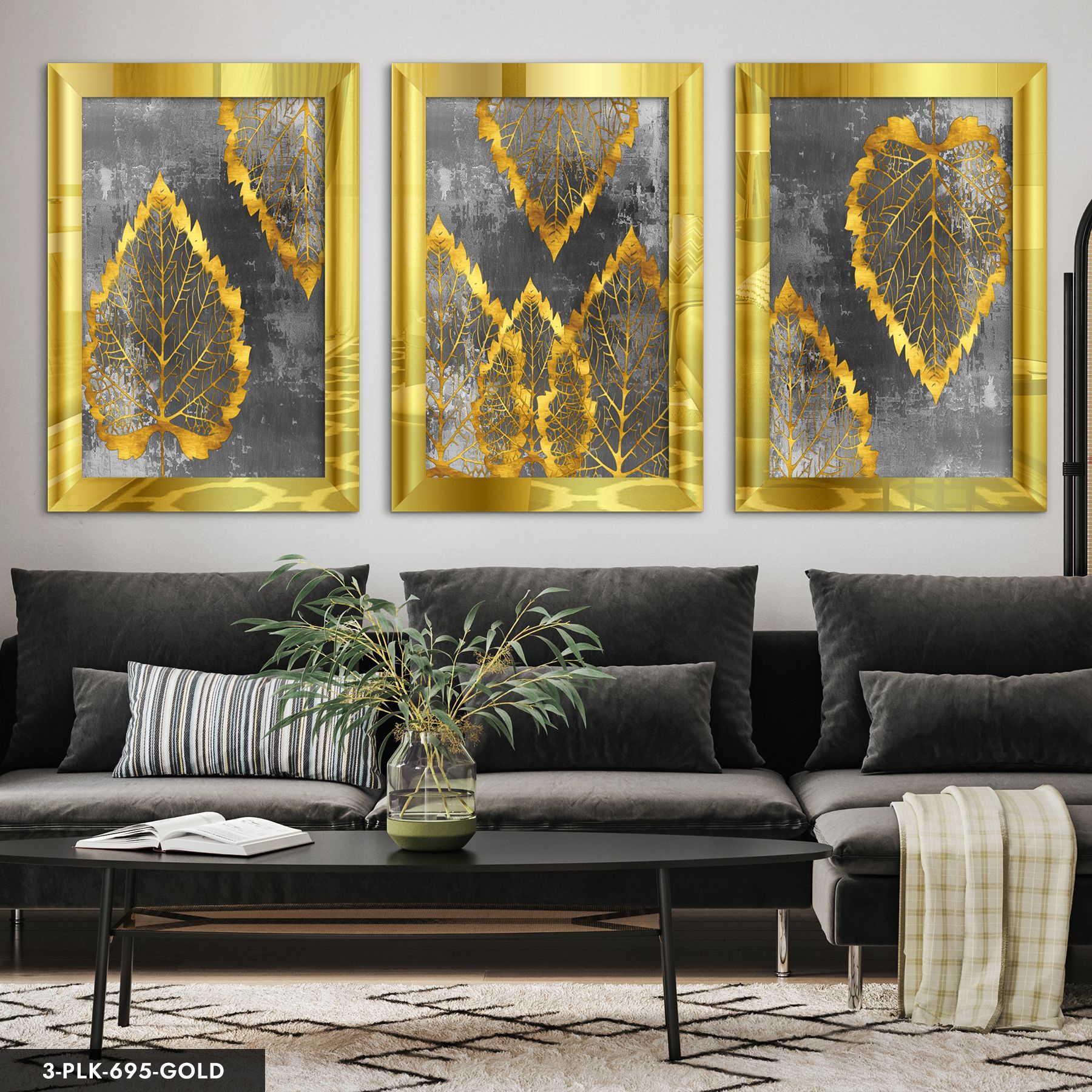 Gold Yapraklar 3 Parça Pleksi Aynalı Tablo 30 x 40 CM - Gold