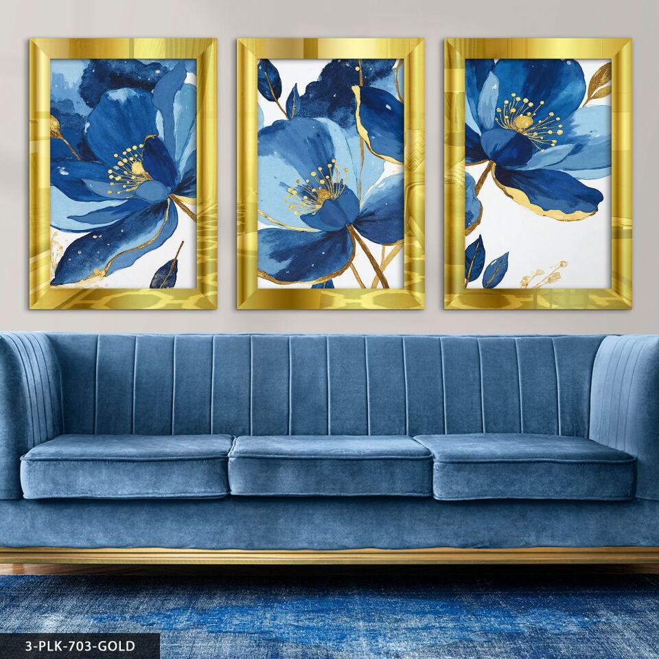 Gold Detaylı Mavi Çiçek 3 Parça Pleksi Aynalı Tablo