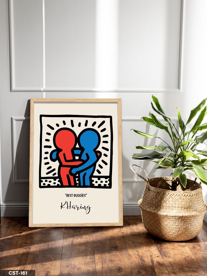 Keith Haring Best Buddies Tek Parça Ahşap Çerçeveli Tablo Naturel - 50 x 70 CM