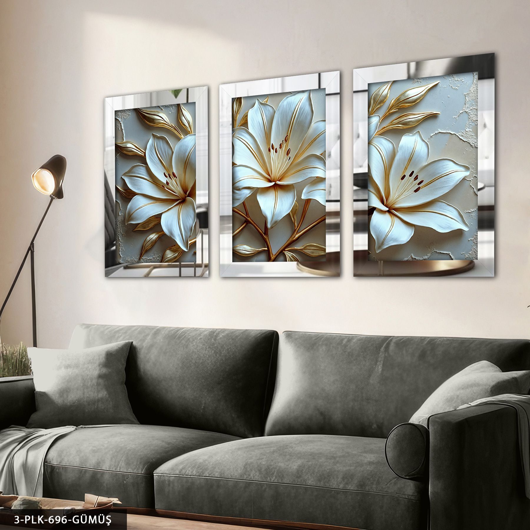 Gold Yapraklı Zambak 3 Parça Pleksi Aynalı Tablo 30 x 40 CM - Gümüş