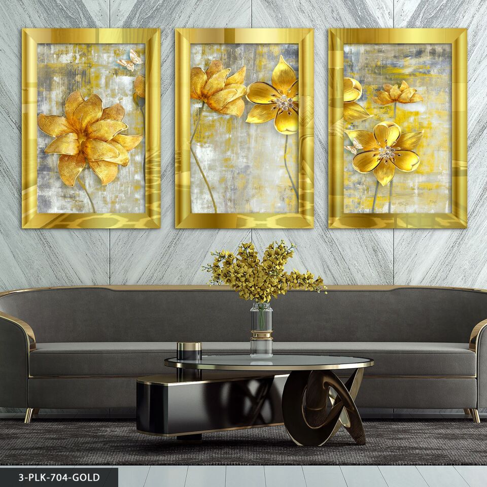 Gold Çiçek ve Kelebek 3 Parça Pleksi Aynalı Tablo