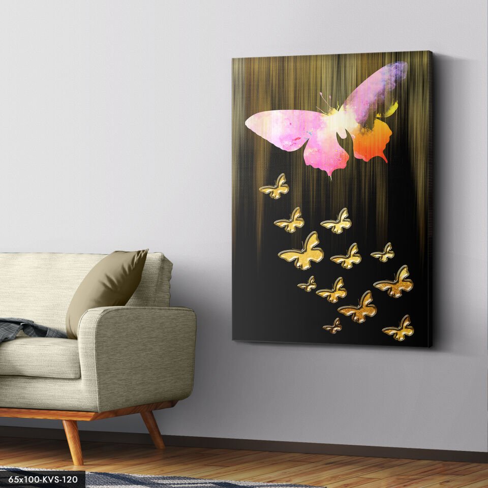 Gold Kelebekler Kanvas - Canvas Tablo 40 x 30 CM - Çok Renkli