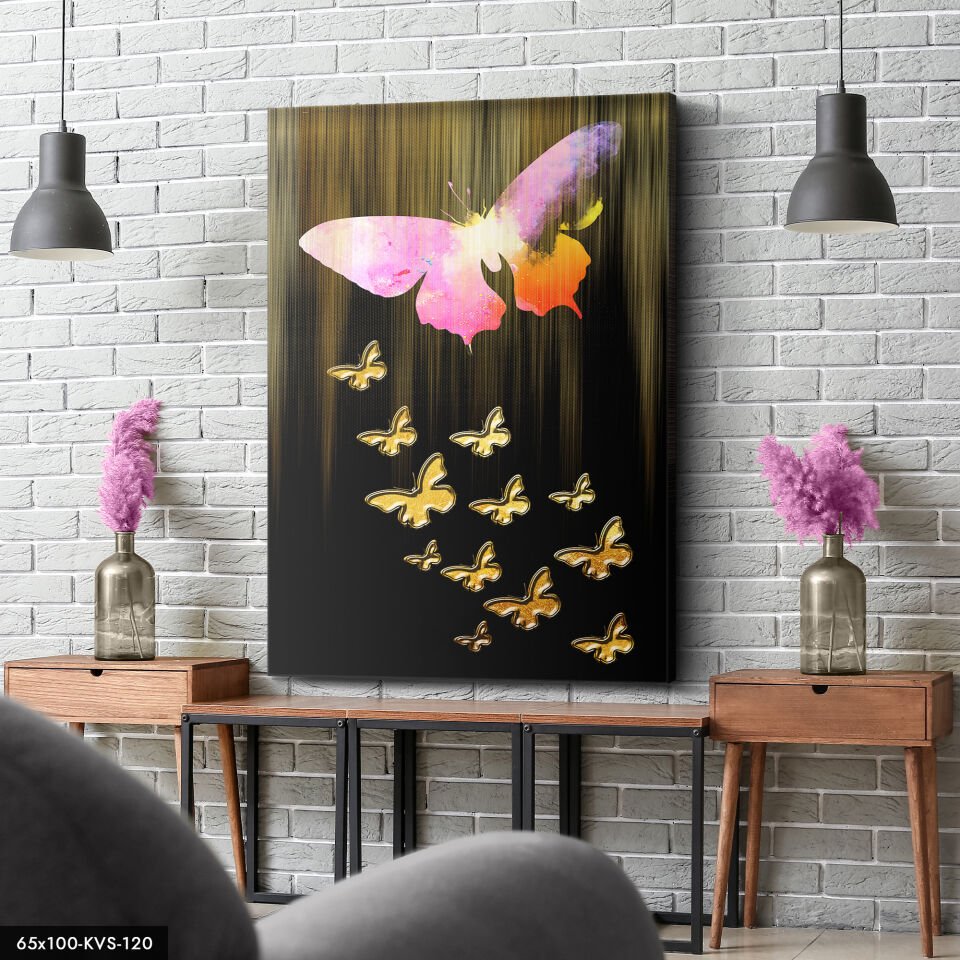 Gold Kelebekler Kanvas - Canvas Tablo 40 x 30 CM - Çok Renkli