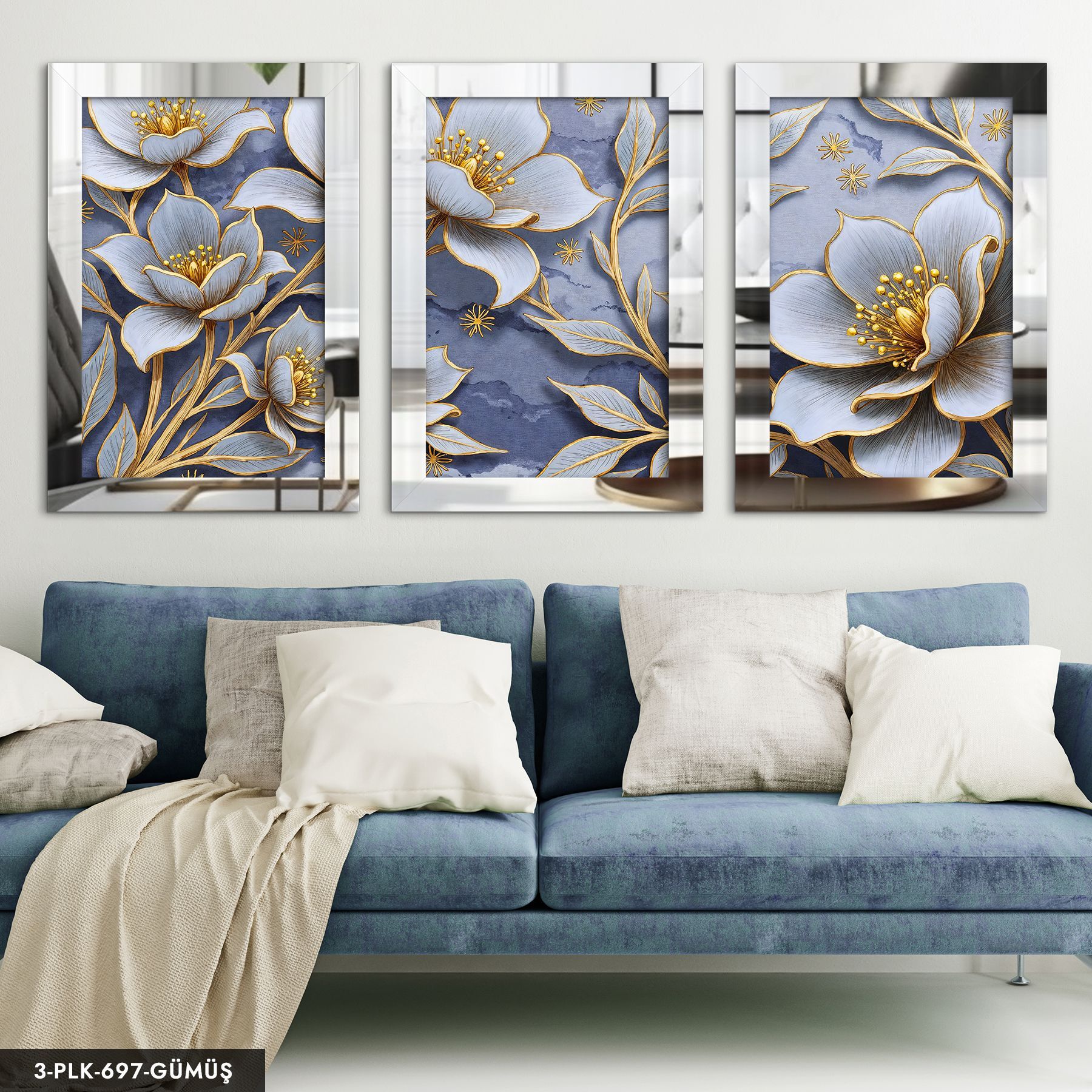 Gold Detaylı Beyaz Çiçek 3 Parça Pleksi Aynalı Tablo 30 x 40 CM - Gümüş